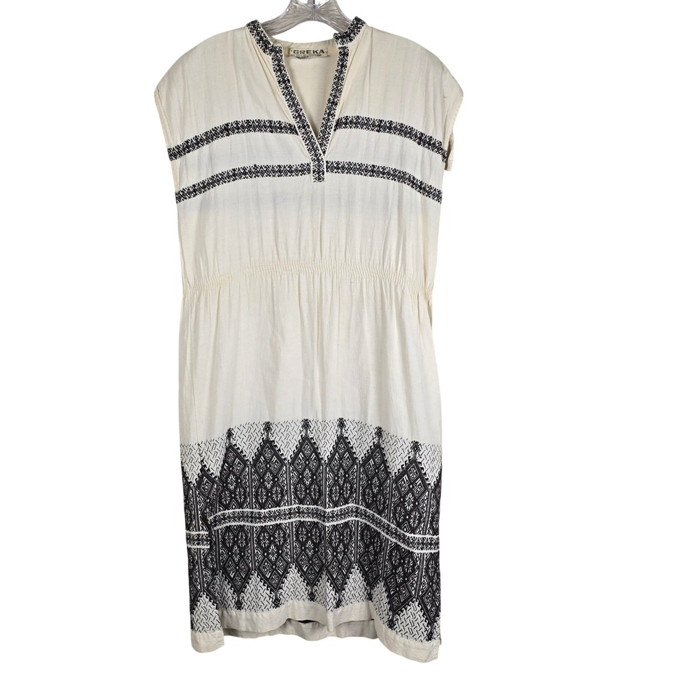 Vintage GREKA Greece Embroidered Cotton Dress Boho Kaftan‎ Geometric Black Cream